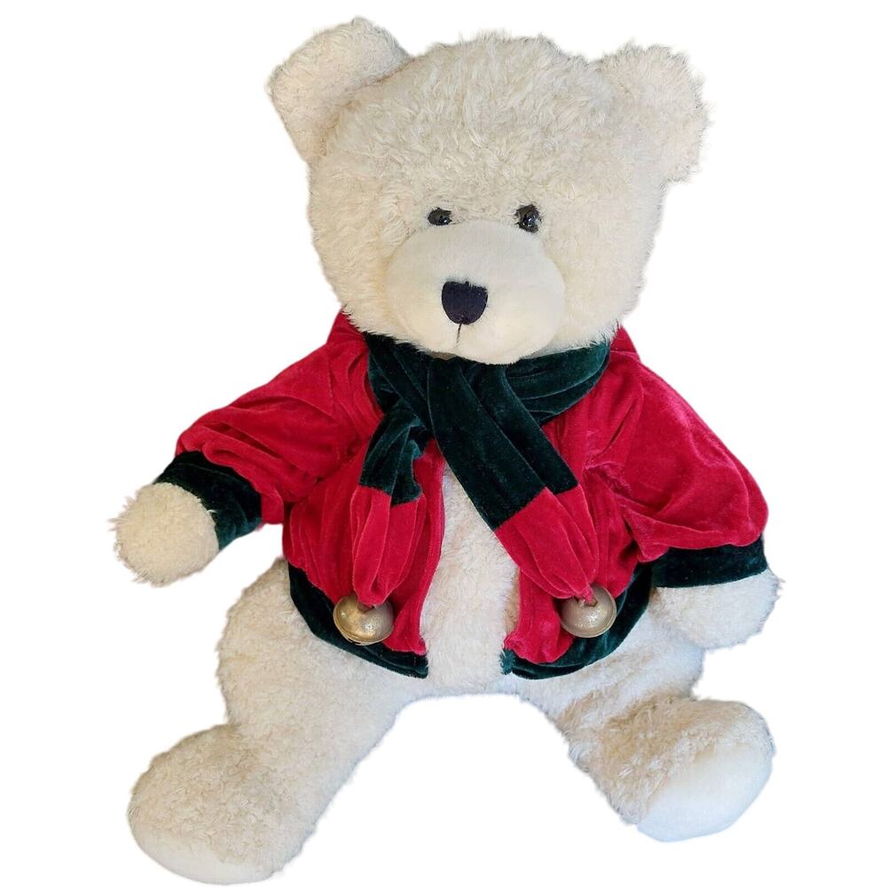 A Mart Plush White Teddy Bear Red Velvet Jacket Scarf Bell Holiday Decor Toy